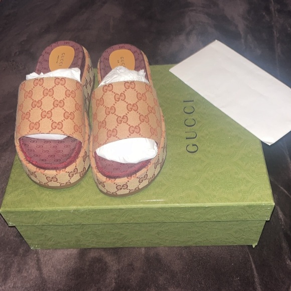 Gucci platform slide size 39 size 8 women’s use tan brown and burgundy - Picture 4 of 16